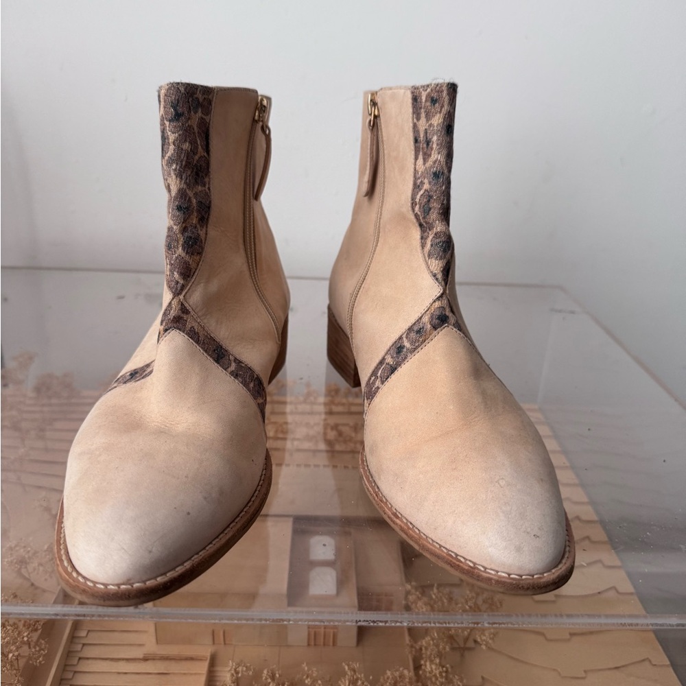 Anthropologie Tan Leather Ankle Boots with Snake-Print Trim